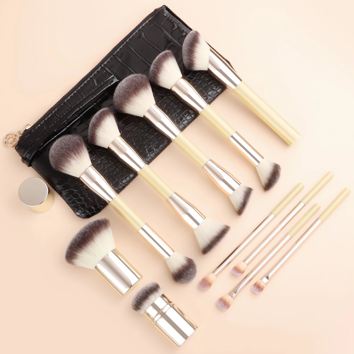 12Pcs Makeup Brush Kit with Crocodile Pattern Storage Bag - Foundation Loose Powder Eyeshadow Brushes for Cosmetic Tools