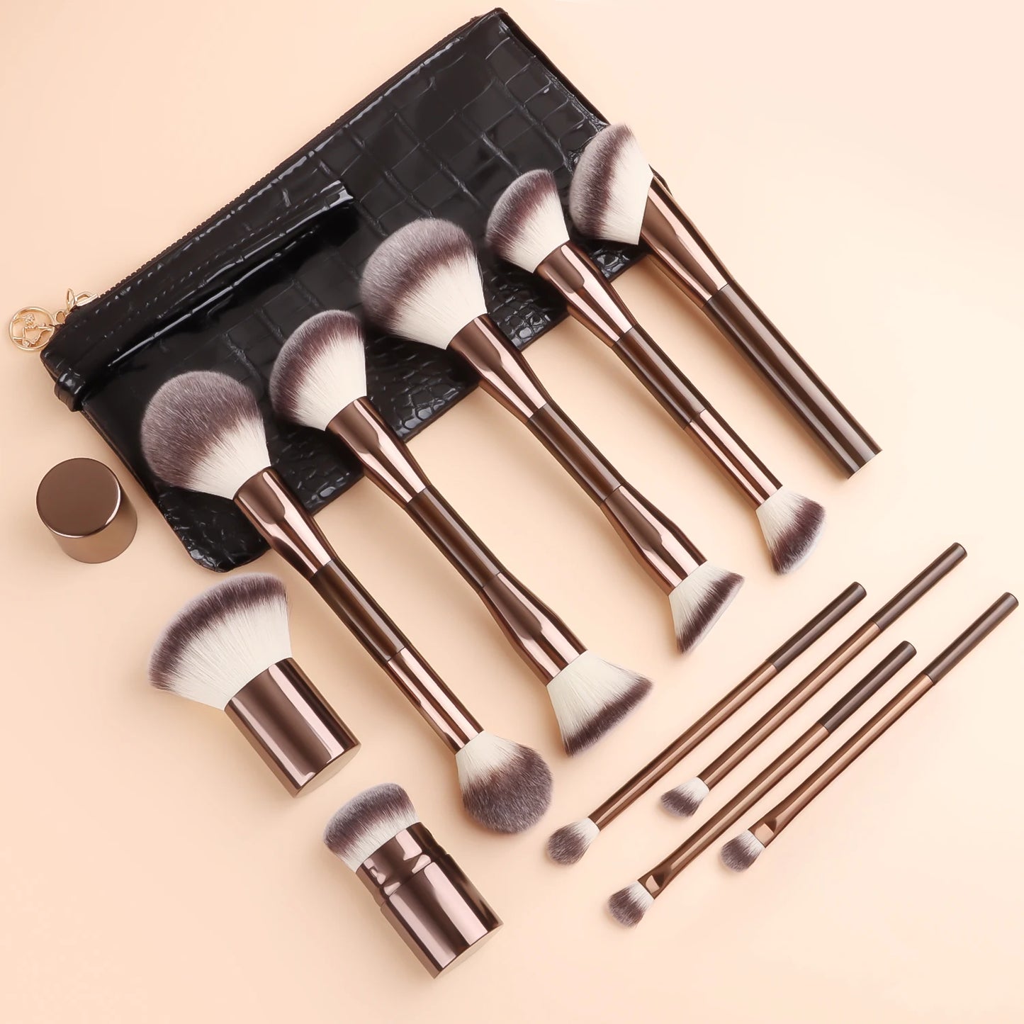 12Pcs Makeup Brush Kit with Crocodile Pattern Storage Bag - Foundation Loose Powder Eyeshadow Brushes for Cosmetic Tools