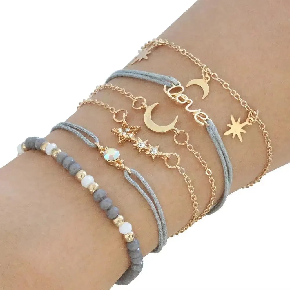 6pcs/sets Trendy Ins Flower Tassel Round Bead Bracelets for Women Charm Leaf Geometric Shape Adjustable Bracelet Jewelry Gift