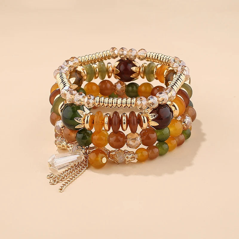 4Pcs Bohemian Women Pink Tassel Bracelet Set For Female I Love You Feather Round Charm Beads Chain Bangle Fashion Party Jewelry