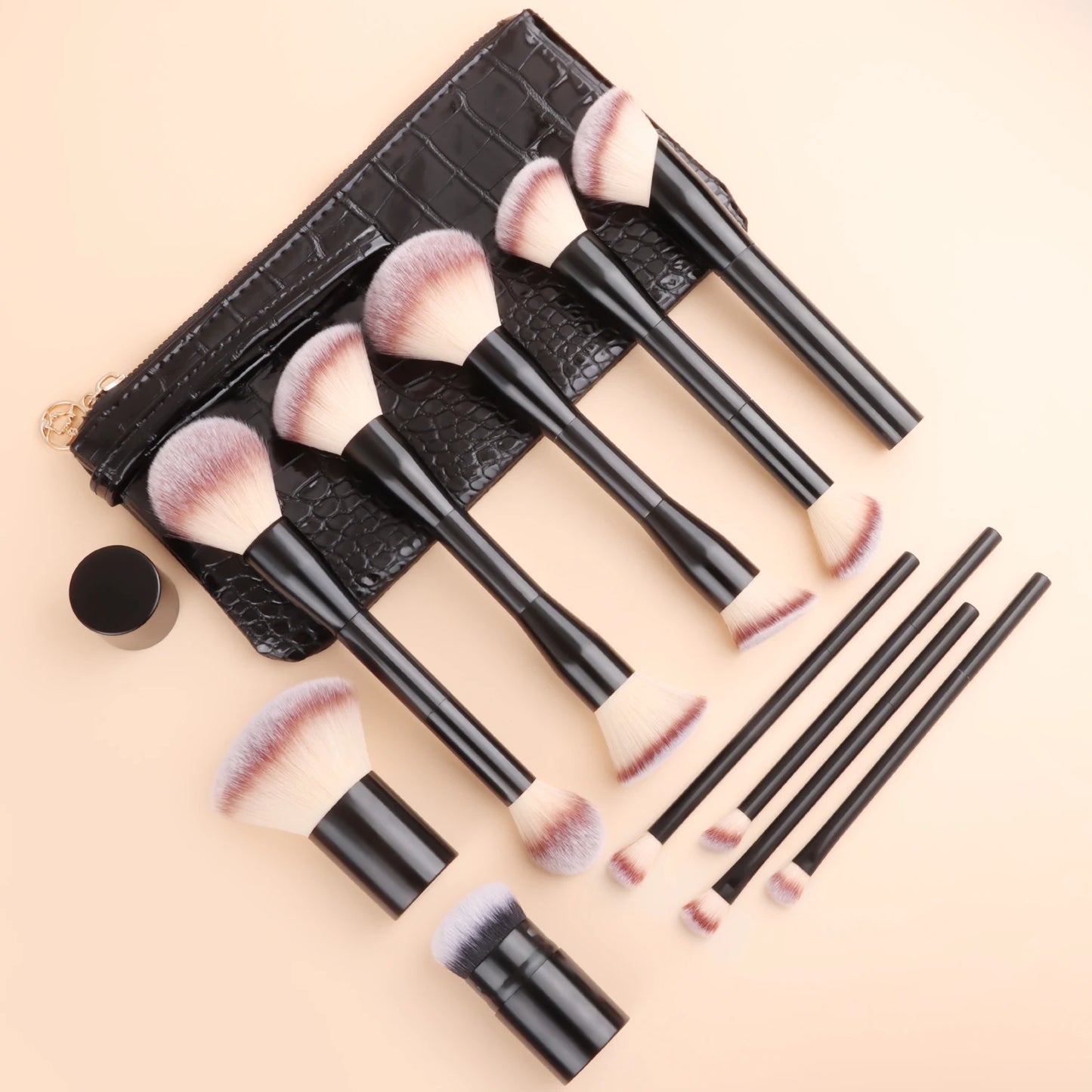12Pcs Makeup Brush Kit with Crocodile Pattern Storage Bag - Foundation Loose Powder Eyeshadow Brushes for Cosmetic Tools
