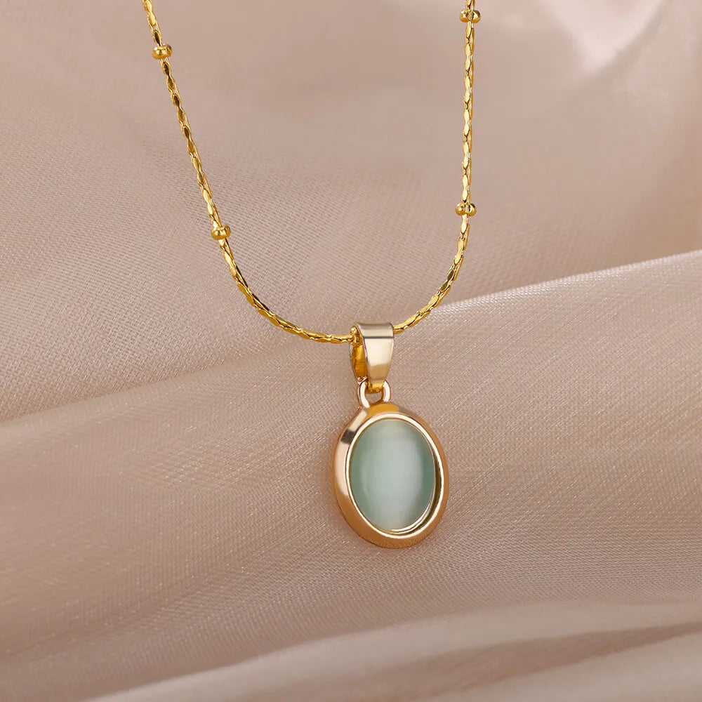Fashion Stone Opal Oval Necklace For Women Stainless Steel Gold Color Green Stone Pendant Necklace Wedding Aesthetic Jewelry Gif