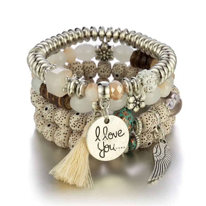 4Pcs Bohemian Women Pink Tassel Bracelet Set For Female I Love You Feather Round Charm Beads Chain Bangle Fashion Party Jewelry
