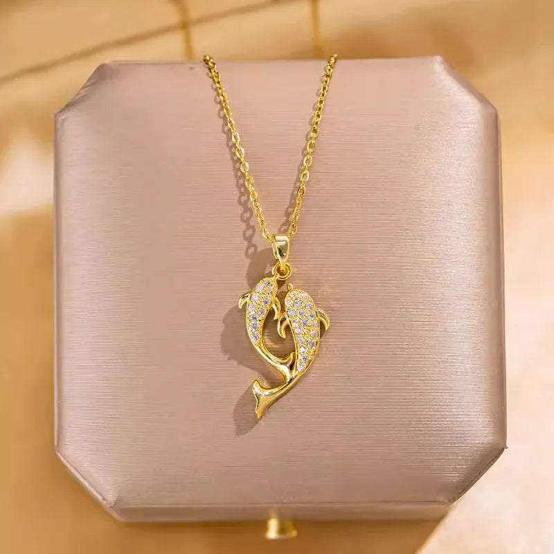 Exquisite titanium steel necklace with dolphin pendant,  sparkling zircon,  women's lock collar chain jewelry