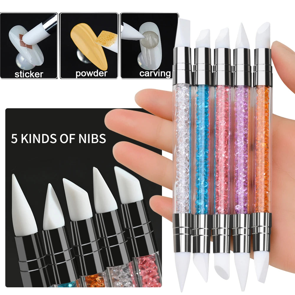 5Pcs/Set Pink Dual Ended Rhinestone Nail Art Silicone Pen Sculpture Pen/3D Flower Carving/Dotting Nail Tool 13cmManicure Brush