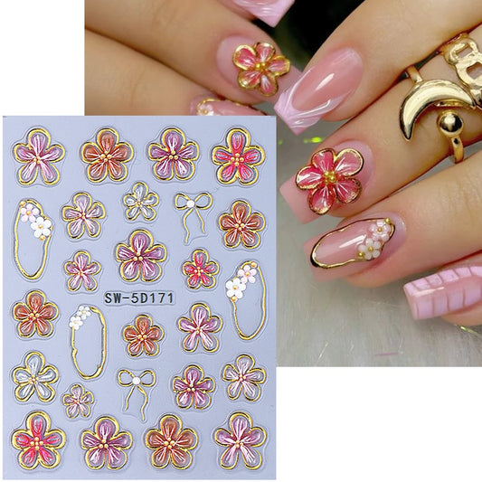 5D Crystal Lily Embossed Nail Stickers Colorful Petal Gold Line Frame Bow Slider Decal DIY Manicure Decoration Accessories Tools
