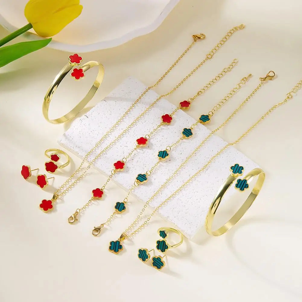 5 Pcs Set Jewelry Stainless Steel Five Leaf Clover 316L Bracelets For Women Elegance French Niche Necklaces Bracelets Earrings