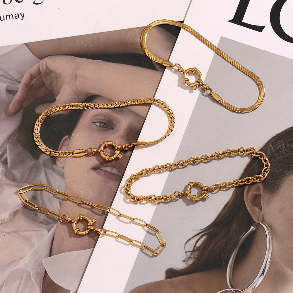 E.B.belle Slingshot Buckle Paper Clip Chain Bracelet 18K Gold Plated Women's Hand Bracelets 316L Stainless Steel