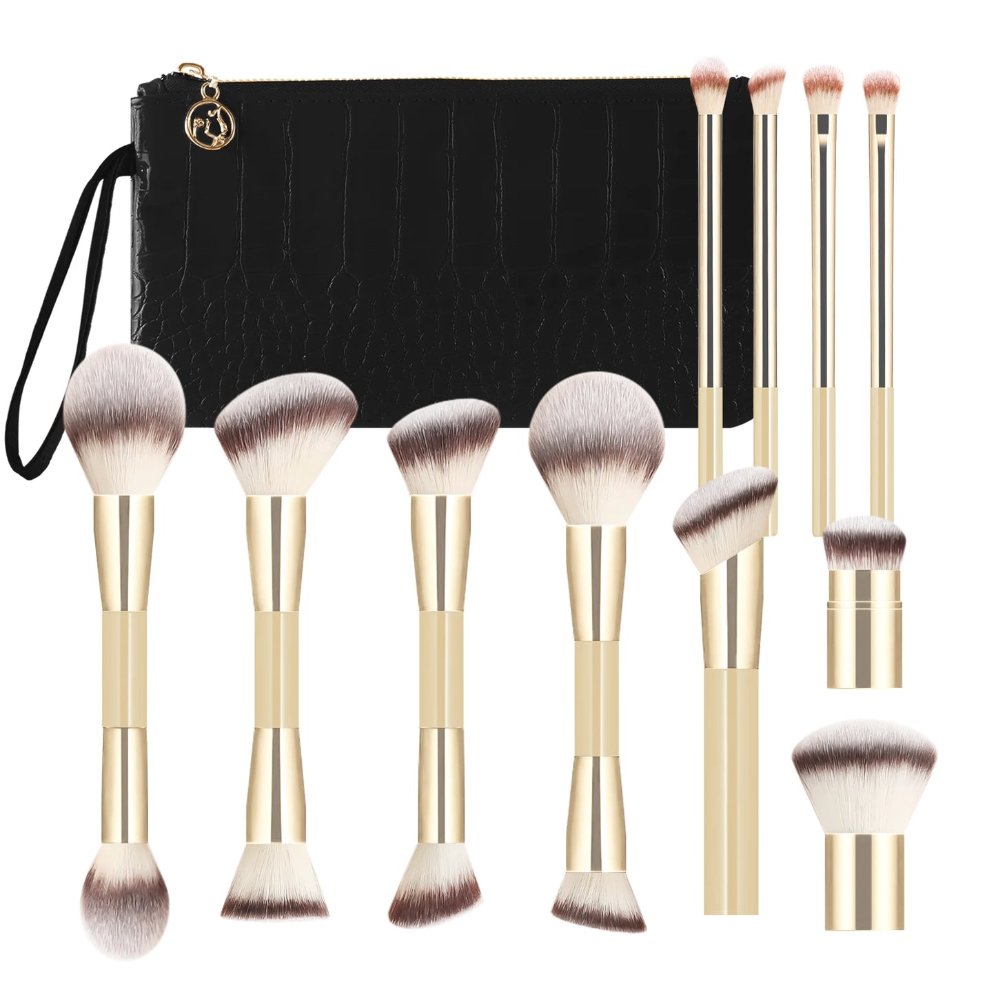 12Pcs Makeup Brush Kit with Crocodile Pattern Storage Bag - Foundation Loose Powder Eyeshadow Brushes for Cosmetic Tools
