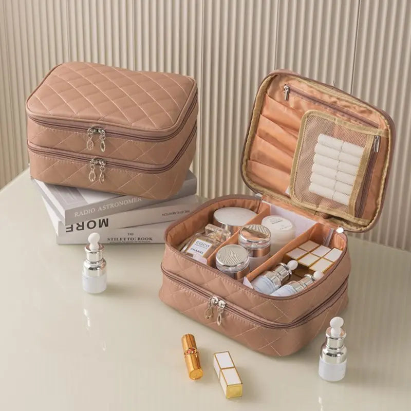 Women Cosmetic Necessaire Case Double Layer Waterproof Makeup Bag Travel Mens Toiletry Bag Rhombus Pattern Beauty Wash Pouch