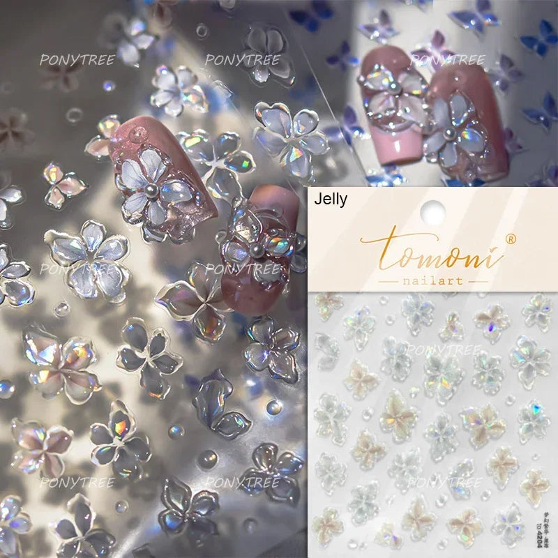 Jelly Colorful Lily Petals Flowers Gradient Halo Dyeing Delicate Shiny Dressy Rhinestone Spring Nail Art Stickers Manicure Decal