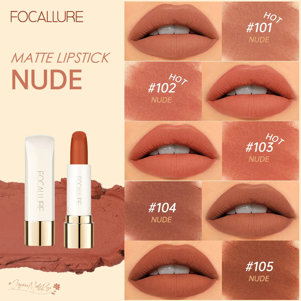 FOCALLURE Natural Matte Lipstick Waterproof Smooth Moisturizing Lip Balm Lightweight Lip Glaze Makeup Cosmetics