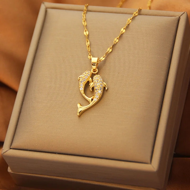 Exquisite titanium steel necklace with dolphin pendant,  sparkling zircon,  women's lock collar chain jewelry