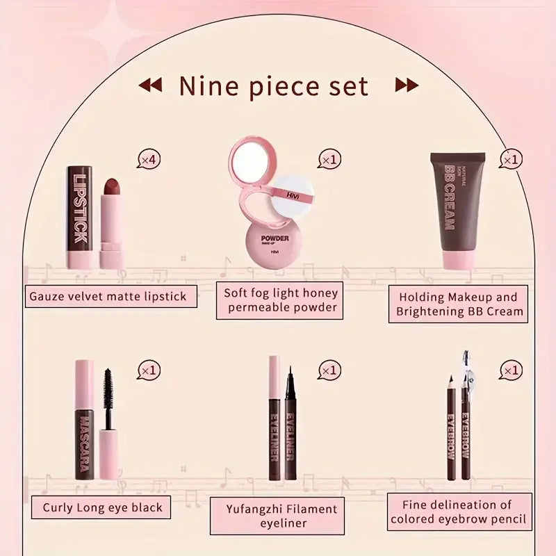 9piece Makeup Gift Box Powder Glue Record Limited Lipstick Powder Makeup box set Valentine's Day gift for your wife Cosmetic Kit